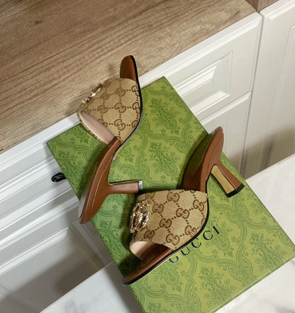 GUCCI 26S HEELED SLIDES 75 MM IN SAND BROWN CANVAS AND LAMBSKIN