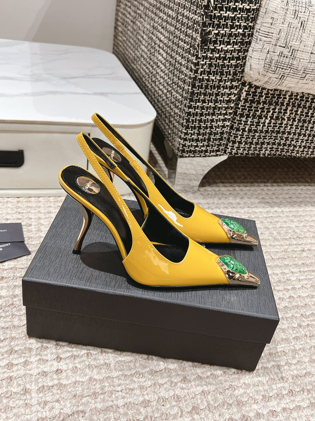LOUIS VUITTON DUNE HIGH 10 CM SLINGBACK PUMPS IN CLASSIC YELLOW PATENT LEATHER WITH CRYSTAL