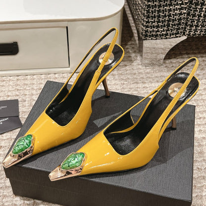 LOUIS VUITTON DUNE HIGH 10 CM SLINGBACK PUMPS IN CLASSIC YELLOW PATENT LEATHER WITH CRYSTAL