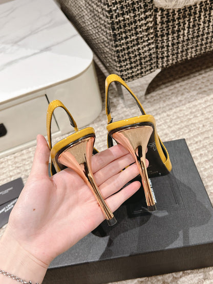 LOUIS VUITTON DUNE HIGH 10 CM SLINGBACK PUMPS IN CLASSIC YELLOW PATENT LEATHER WITH CRYSTAL