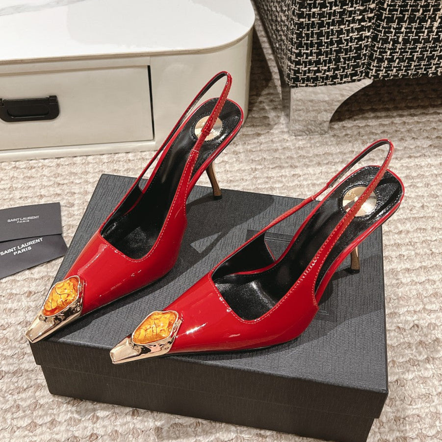 LOUIS VUITTON DUNE HIGH 10 CM SLINGBACK PUMPS IN RUBY RED PATENT LEATHER WITH CRYSTAL