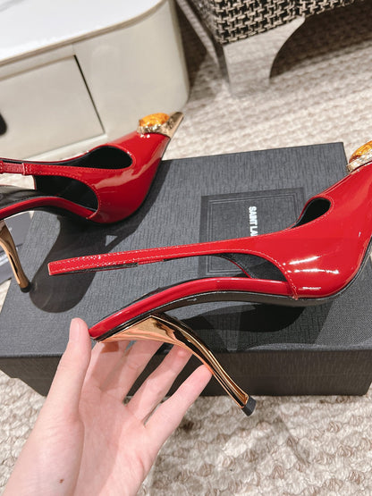 LOUIS VUITTON DUNE HIGH 10 CM SLINGBACK PUMPS IN RUBY RED PATENT LEATHER WITH CRYSTAL