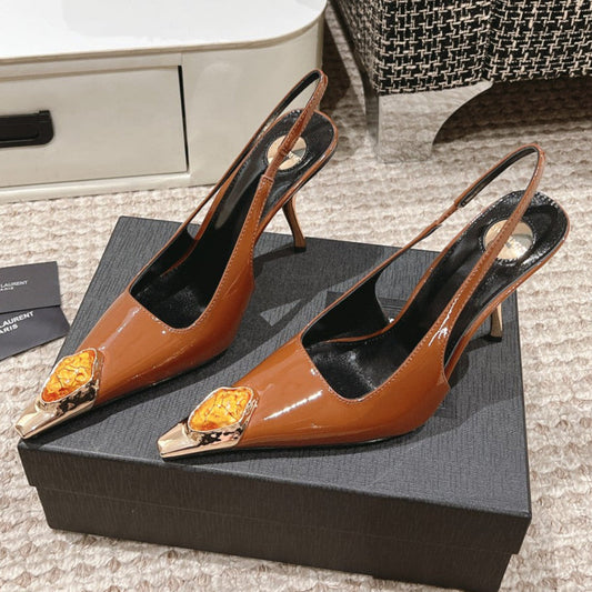 LOUIS VUITTON DUNE HIGH 10 CM SLINGBACK PUMPS IN BRONZE BROWN PATENT LEATHER WITH CRYSTAL