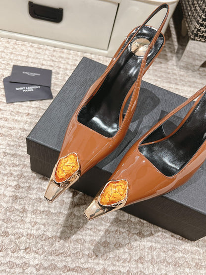 LOUIS VUITTON DUNE HIGH 10 CM SLINGBACK PUMPS IN BRONZE BROWN PATENT LEATHER WITH CRYSTAL