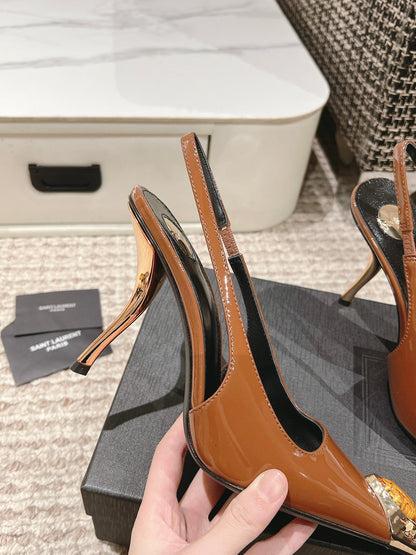 LOUIS VUITTON DUNE HIGH 10 CM SLINGBACK PUMPS IN BRONZE BROWN PATENT LEATHER WITH CRYSTAL