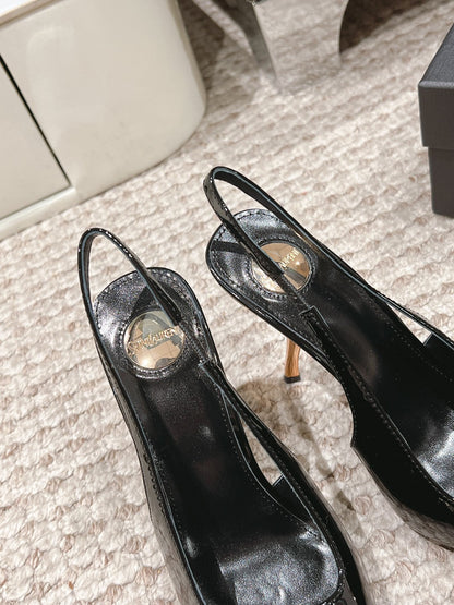 LOUIS VUITTON DUNE HIGH 10 CM SLINGBACK PUMPS IN BLACK PATENT LEATHER WITH CRYSTAL