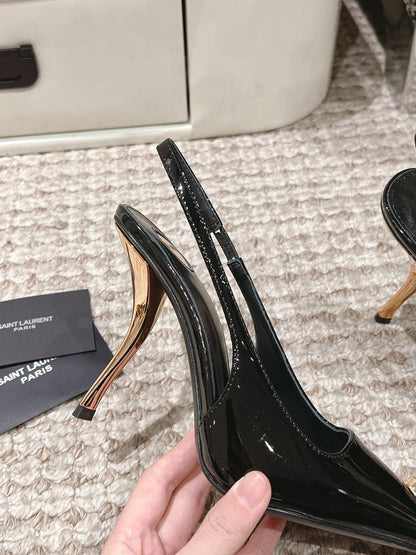 LOUIS VUITTON DUNE HIGH 10 CM SLINGBACK PUMPS IN BLACK PATENT LEATHER WITH CRYSTAL