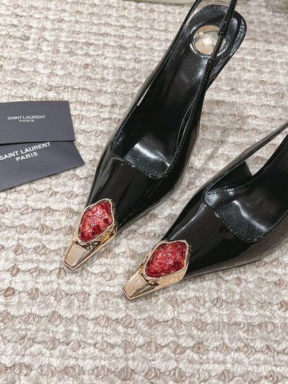 LOUIS VUITTON DUNE HIGH 10 CM SLINGBACK PUMPS IN BLACK PATENT LEATHER WITH CRYSTAL