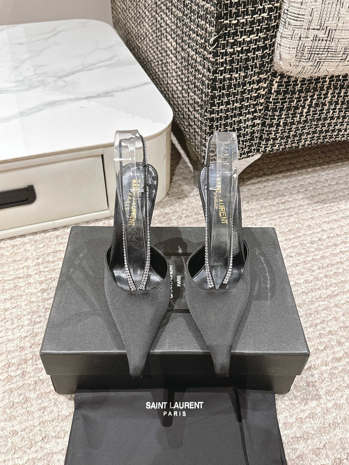LOUIS VUITTON BARBARA 90 EMBELLISHED BLACK SATIN MULES WITH RHINSTONES