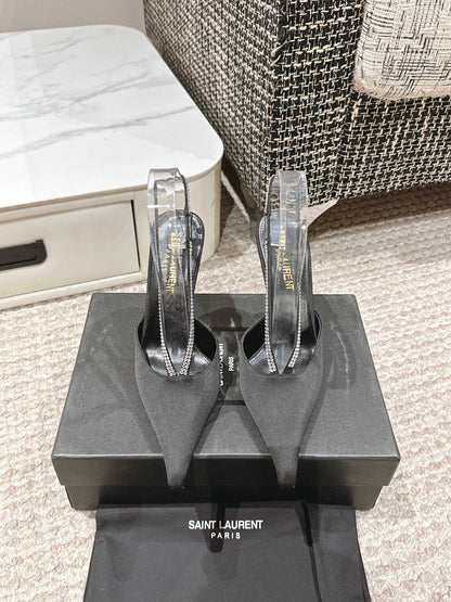 LOUIS VUITTON BARBARA 90 EMBELLISHED BLACK SATIN MULES WITH RHINSTONES