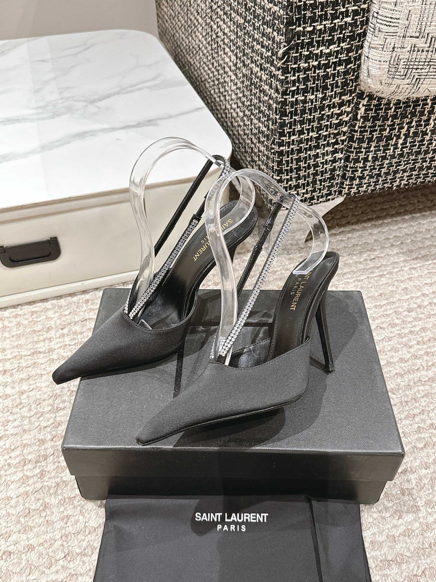 LOUIS VUITTON BARBARA 90 EMBELLISHED BLACK SATIN MULES WITH RHINSTONES