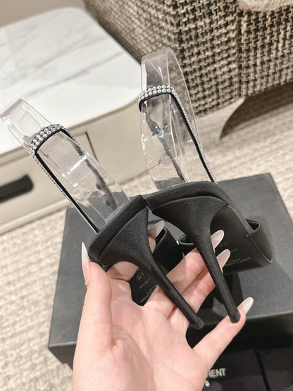 LOUIS VUITTON BARBARA 90 EMBELLISHED BLACK SATIN MULES WITH RHINSTONES