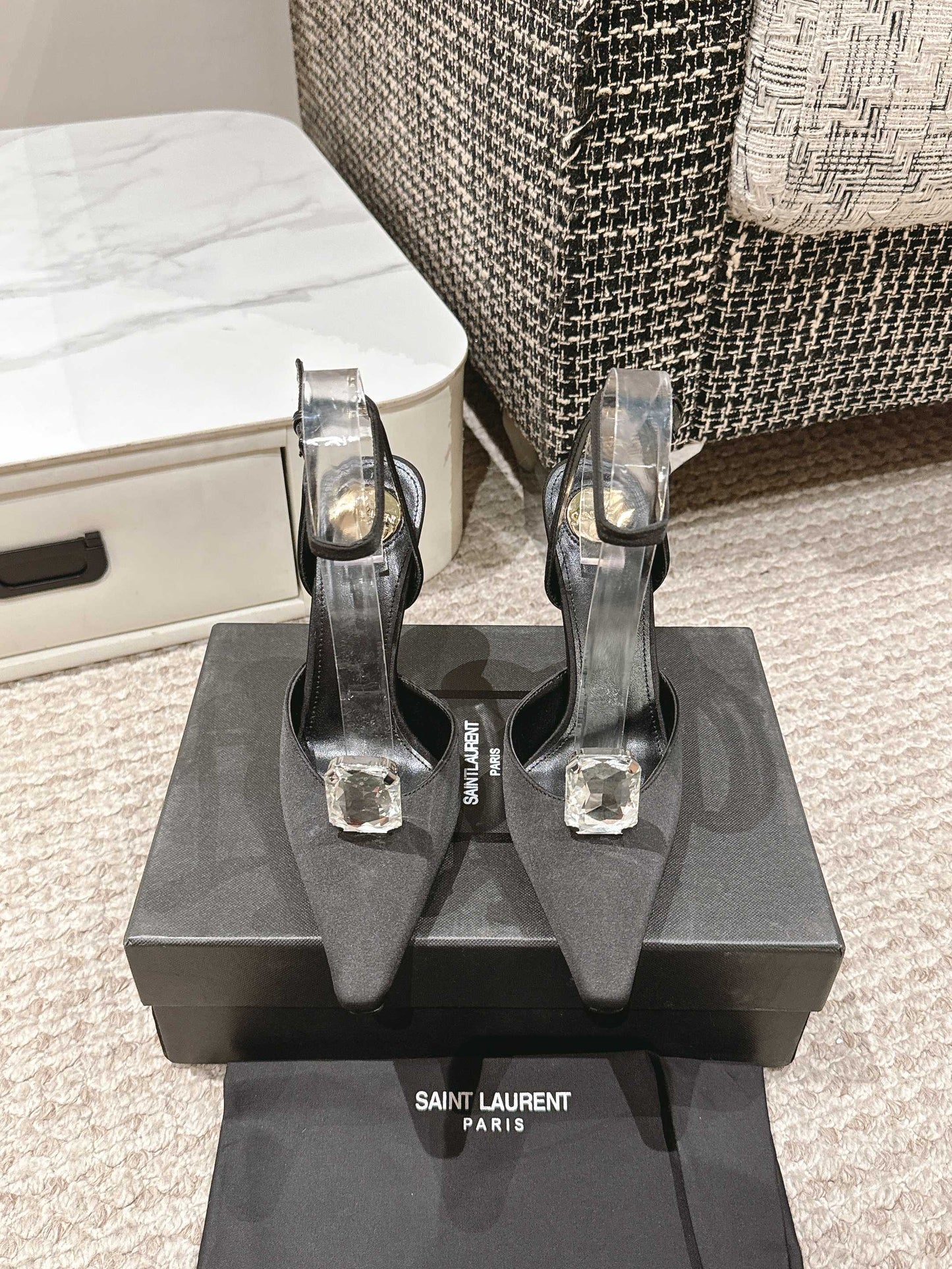LOUIS VUITTON AIMÉE HIGH 75 MM SLINGBACK PUMPS IN BLACK SATIN WITH CRYSTAL