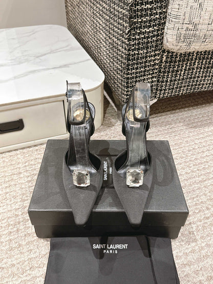 LOUIS VUITTON AIMÉE HIGH 75 MM SLINGBACK PUMPS IN BLACK SATIN WITH CRYSTAL