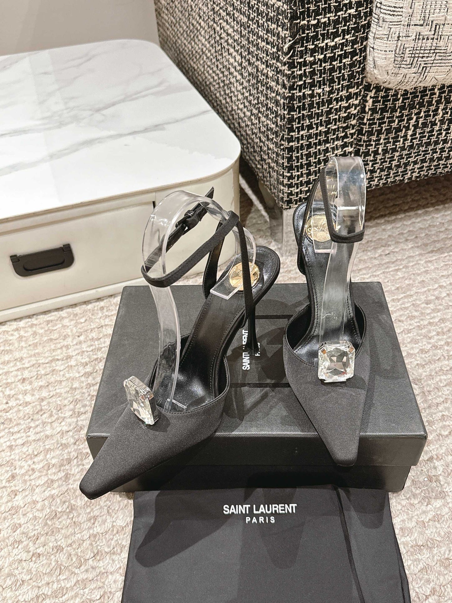 LOUIS VUITTON AIMÉE HIGH 75 MM SLINGBACK PUMPS IN BLACK SATIN WITH CRYSTAL