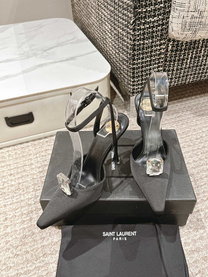 LOUIS VUITTON AIMÉE HIGH 75 MM SLINGBACK PUMPS IN BLACK SATIN WITH CRYSTAL