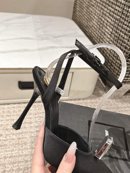 LOUIS VUITTON AIMÉE HIGH 75 MM SLINGBACK PUMPS IN BLACK SATIN WITH CRYSTAL