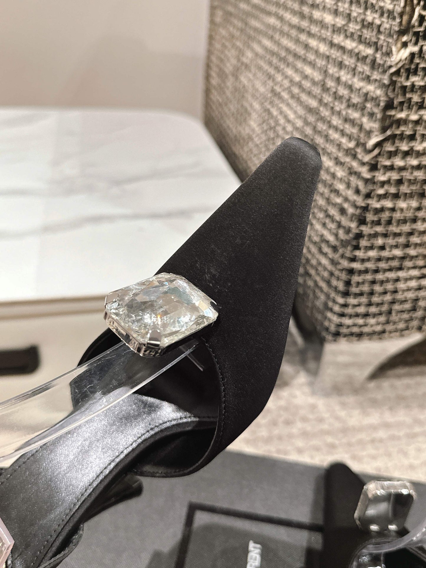 LOUIS VUITTON AIMÉE HIGH 75 MM SLINGBACK PUMPS IN BLACK SATIN WITH CRYSTAL