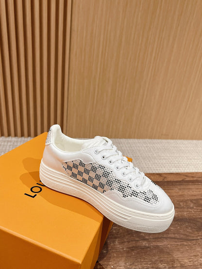 LOUIS VUITTON LV GROOVY SNEAKER IN WHITE DAMIER STRASS AND CALFSKIN