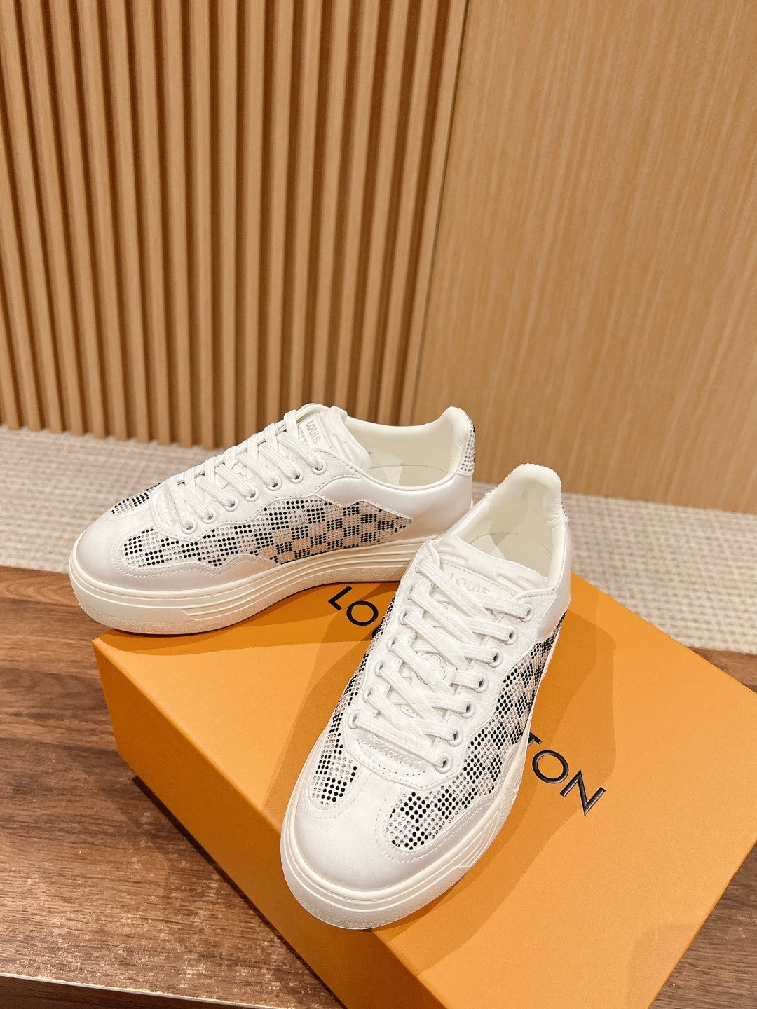 LOUIS VUITTON LV GROOVY SNEAKER IN WHITE DAMIER STRASS AND CALFSKIN