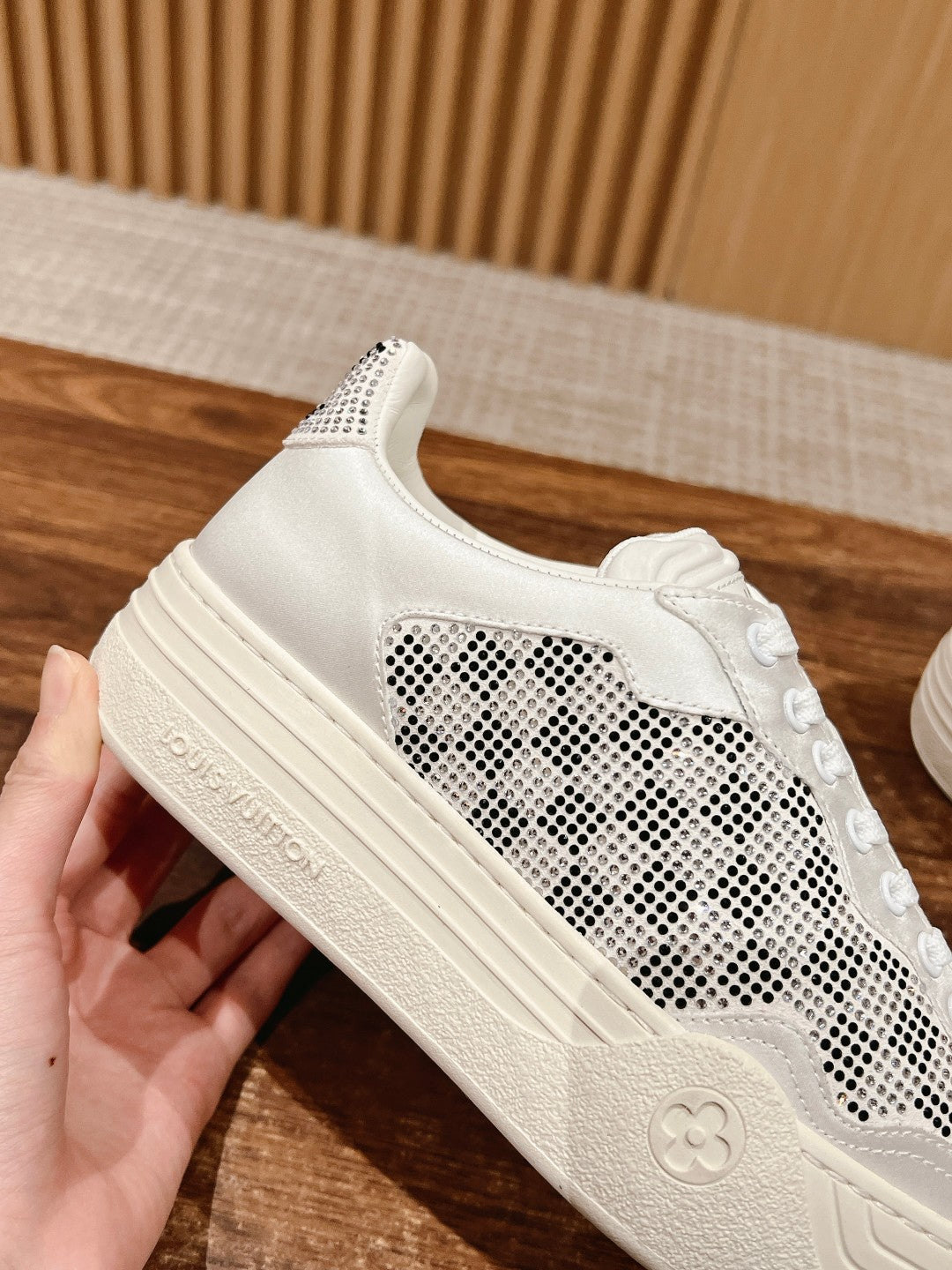 LOUIS VUITTON LV GROOVY SNEAKER IN WHITE DAMIER STRASS AND CALFSKIN