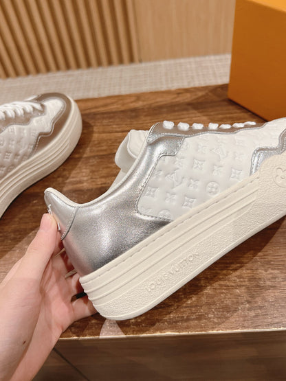 LOUIS VUITTON LV TRAINER SNEAKER IN SILVER MIX WHITE EMBOSSED CALFSKIN