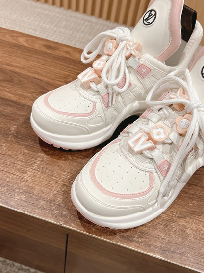 LOUIS VUITTON LV ARCHLIGHT SNEAKER IN WHITE MIX LIGHT PINK EMBOSSED CALFSKIN