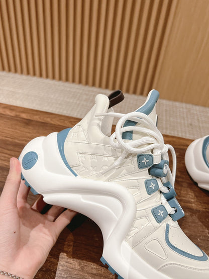 LOUIS VUITTON LV ARCHLIGHT SNEAKER IN WHITE MIX SKY BLUE EMBOSSED CALFSKIN