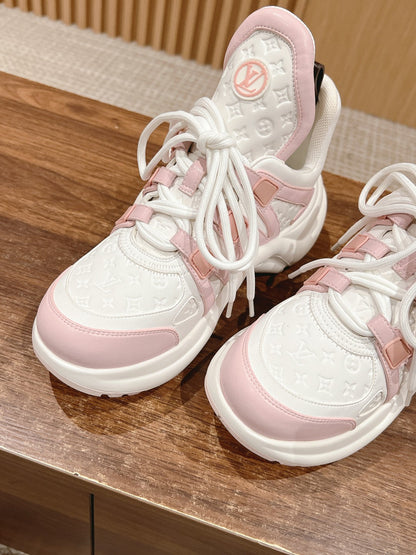 LOUIS VUITTON LV ARCHLIGHT SNEAKER IN WHITE MIX BABY PINK EMBOSSED CALFSKIN
