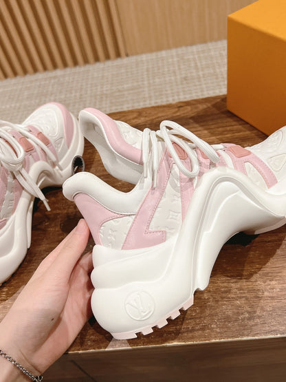 LOUIS VUITTON LV ARCHLIGHT SNEAKER IN WHITE MIX BABY PINK EMBOSSED CALFSKIN