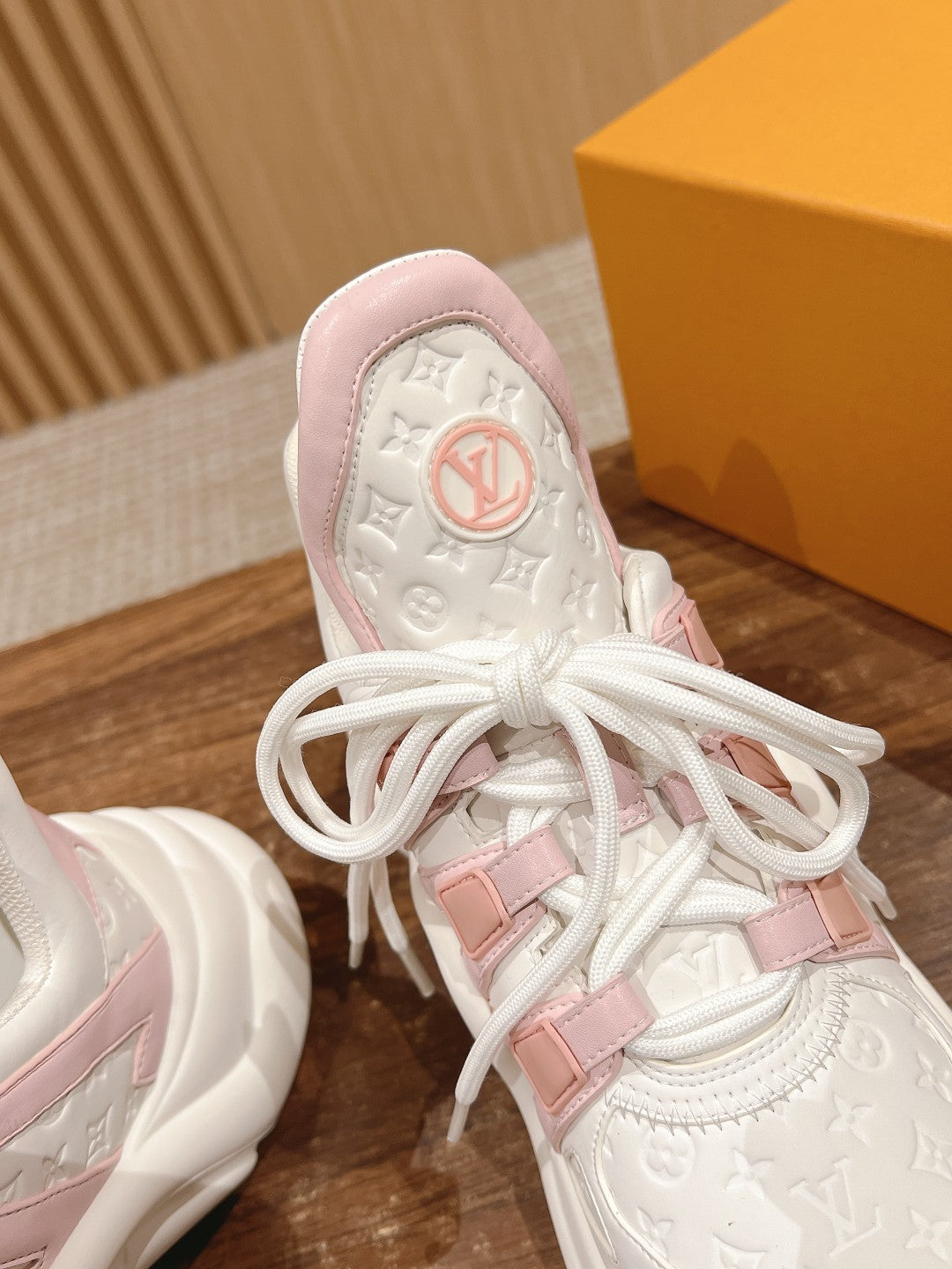 LOUIS VUITTON LV ARCHLIGHT SNEAKER IN WHITE MIX BABY PINK EMBOSSED CALFSKIN
