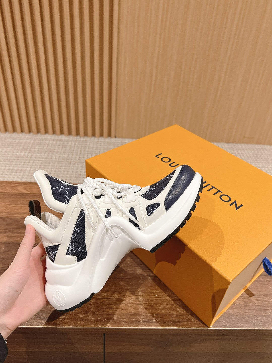 LOUIS VUITTON LV ARCHLIGHT SNEAKER IN WHITE MIX BLACK CALFSKIN AND MONOGRAM DENIM 101073