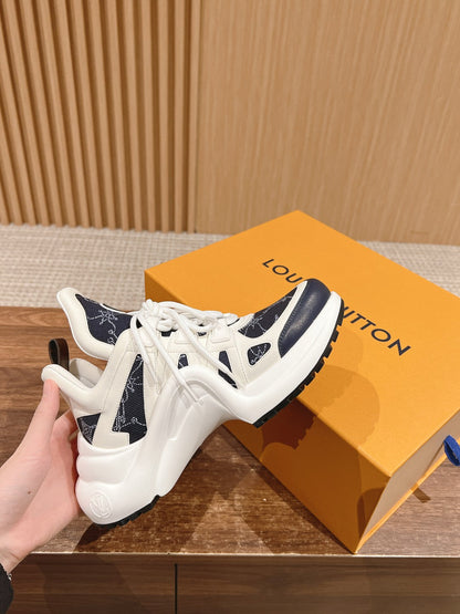 LOUIS VUITTON LV ARCHLIGHT SNEAKER IN WHITE MIX BLACK CALFSKIN AND MONOGRAM DENIM 101073