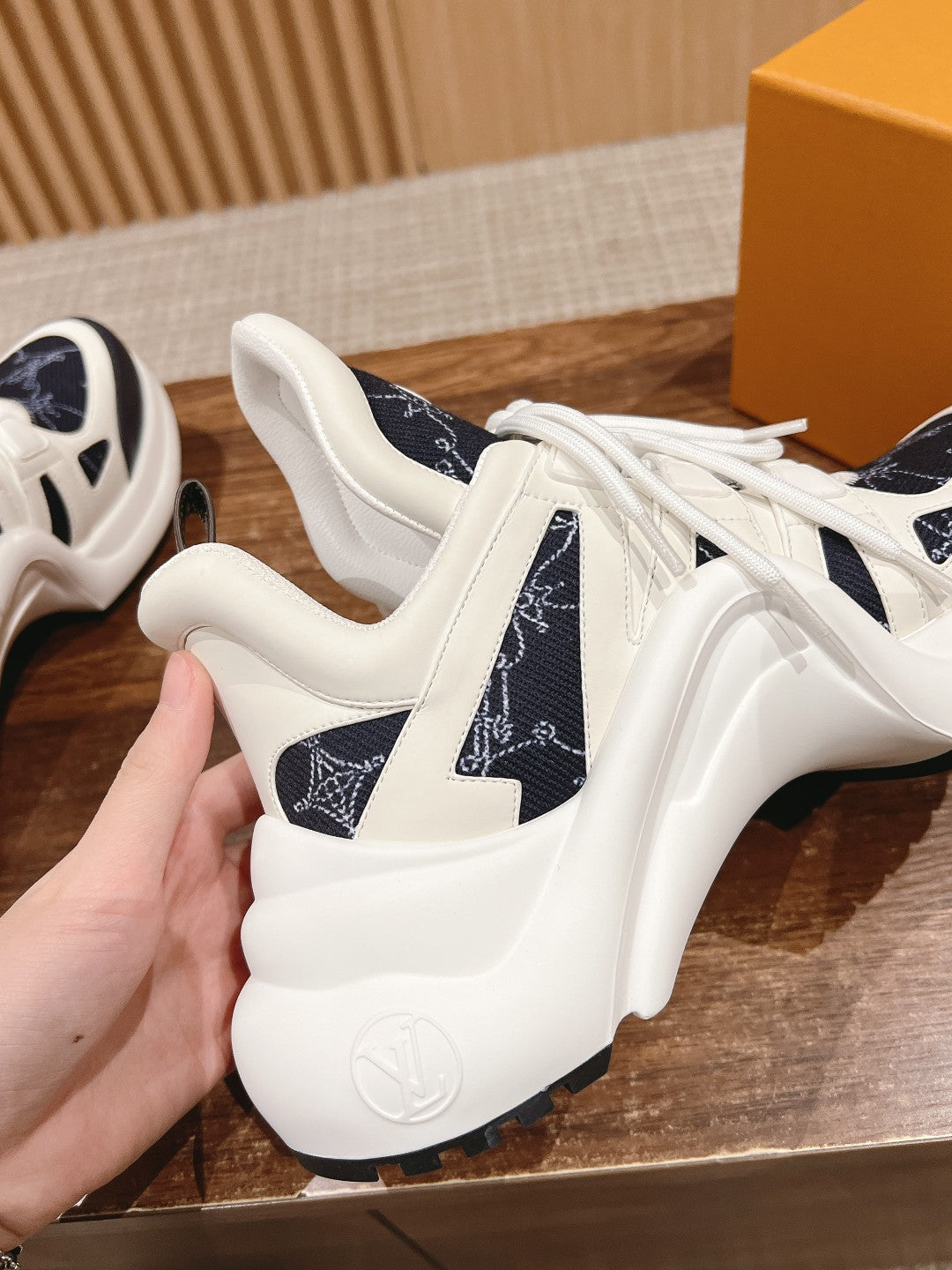 LOUIS VUITTON LV ARCHLIGHT SNEAKER IN WHITE MIX BLACK CALFSKIN AND MONOGRAM DENIM 101073