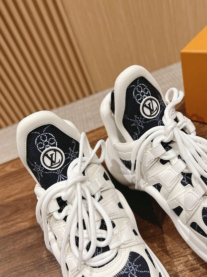 LOUIS VUITTON LV ARCHLIGHT SNEAKER IN WHITE MIX BLACK CALFSKIN AND MONOGRAM DENIM 101073