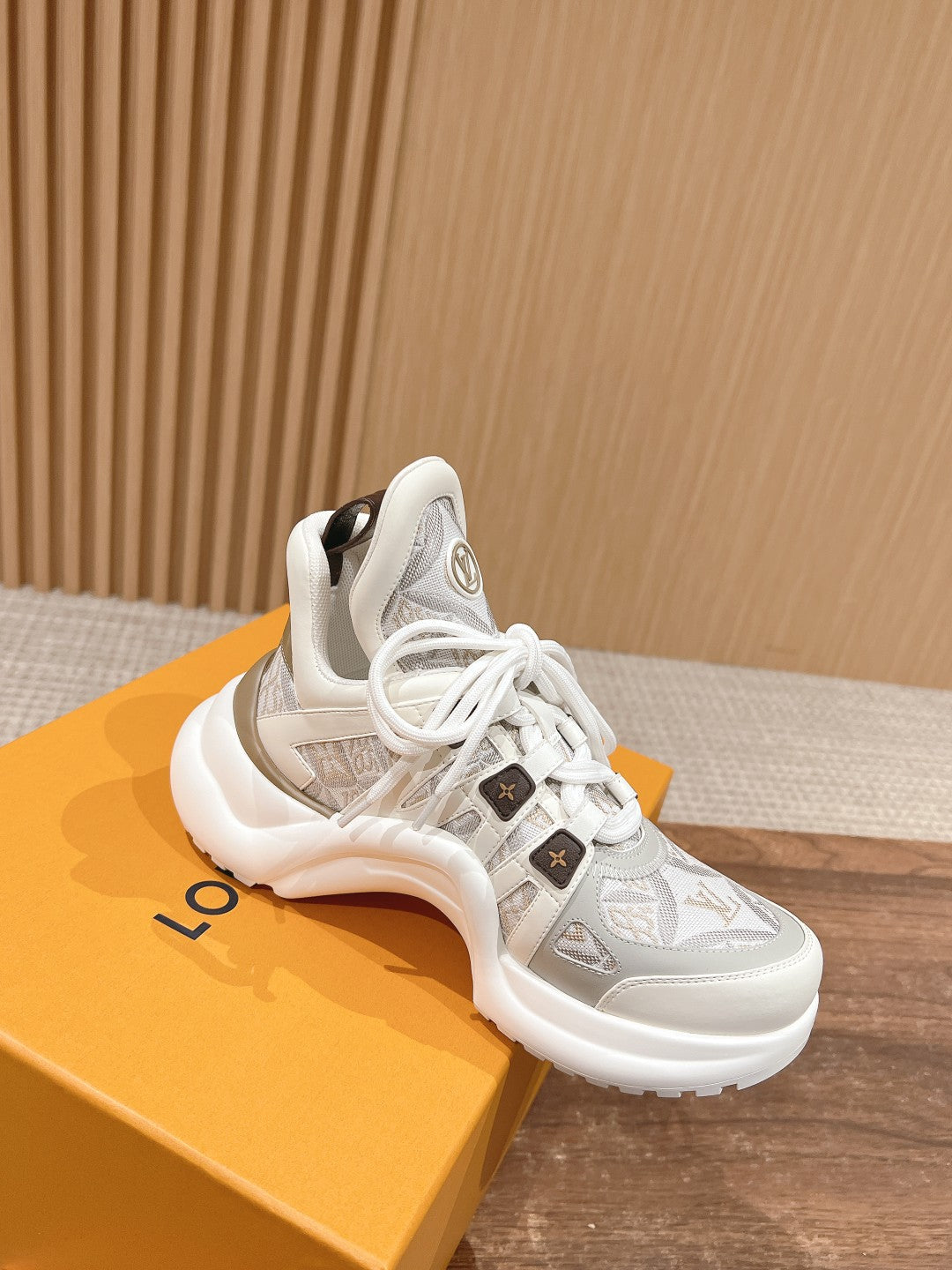 LOUIS VUITTON LV ARCHLIGHT SNEAKER IN WHITE MIX PALE GRAY CALFSKIN AND MONOGRAM DENIM