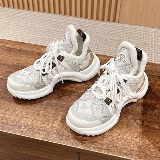 LOUIS VUITTON LV ARCHLIGHT SNEAKER IN WHITE MIX PALE GRAY CALFSKIN AND MONOGRAM DENIM