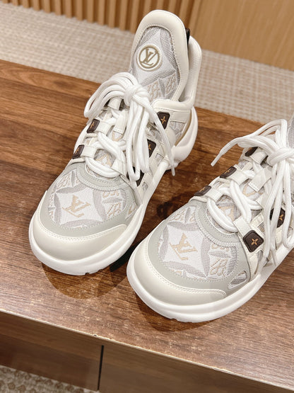 LOUIS VUITTON LV ARCHLIGHT SNEAKER IN WHITE MIX PALE GRAY CALFSKIN AND MONOGRAM DENIM