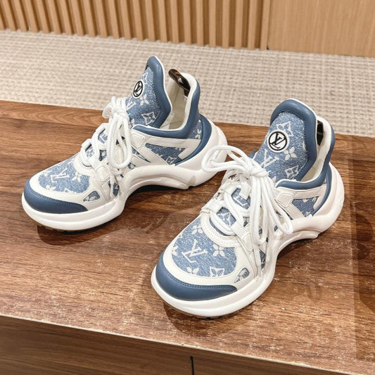 LOUIS VUITTON LV ARCHLIGHT SNEAKER IN WHITE MIX AEGEAN BLUE CALFSKIN AND MONOGRAM DENIM