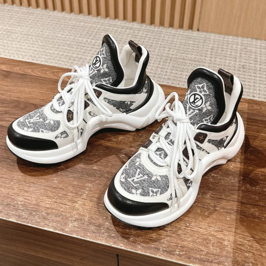 LOUIS VUITTON LV ARCHLIGHT SNEAKER IN WHITE MIX BLACK CALFSKIN AND MONOGRAM DENIM