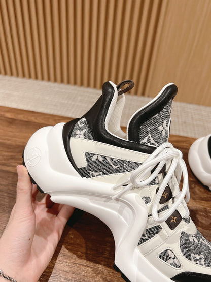 LOUIS VUITTON LV ARCHLIGHT SNEAKER IN WHITE MIX BLACK CALFSKIN AND MONOGRAM DENIM