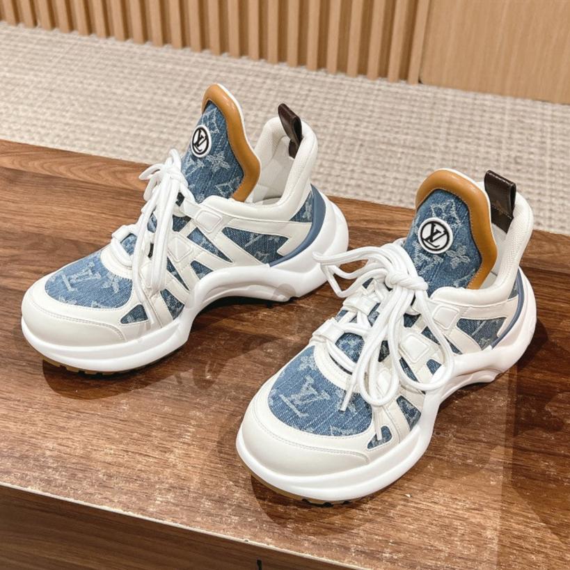 LOUIS VUITTON LV ARCHLIGHT SNEAKER IN WHITE CALFSKIN AND LIGHT BLUE MONOGRAM DENIM