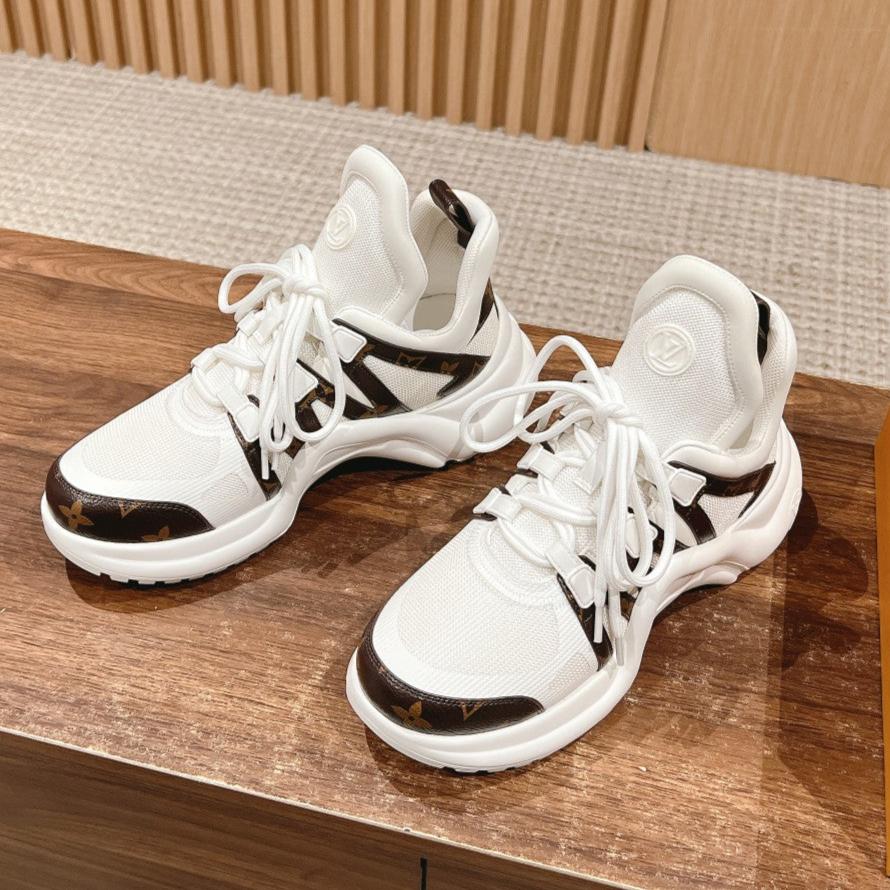 LOUIS VUITTON LV ARCHLIGHT SNEAKER IN WHITE CANVAS AND CHOCOLATE BROWN MONOGRAM CALFSKIN