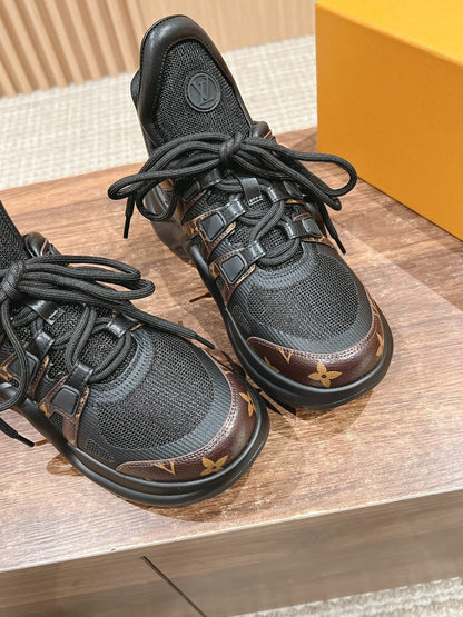 LOUIS VUITTON LV ARCHLIGHT SNEAKER IN BLACK CANVAS AND CHOCOLATE BROWN MONOGRAM CALFSKIN