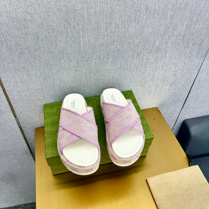 GUCCI SLIDE SANDAL PASTEL PINK CANVAS CROSS STRAPS