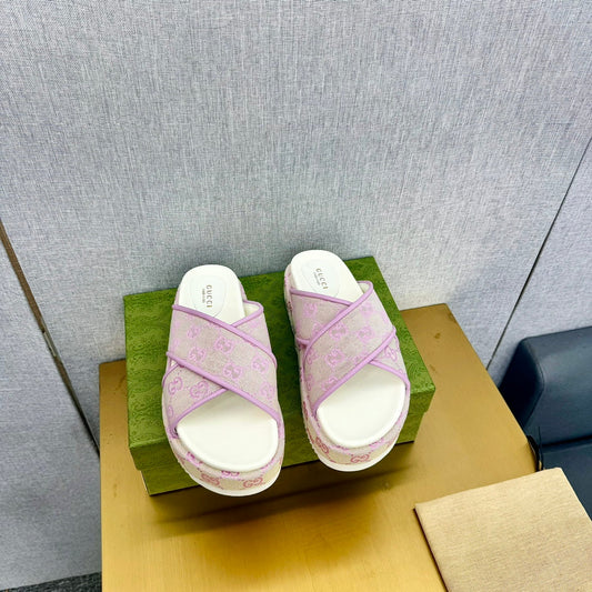 GUCCI SLIDE SANDAL PASTEL PINK CANVAS CROSS STRAPS
