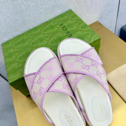 GUCCI SLIDE SANDAL PASTEL PINK CANVAS CROSS STRAPS