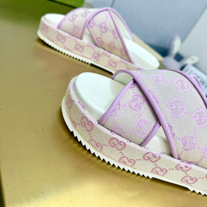 GUCCI SLIDE SANDAL PASTEL PINK CANVAS CROSS STRAPS