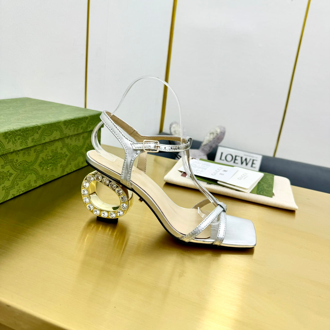 GUCCI MEDIUM-HEEL SANDAL IN SILVER CALFSKIN GOLD HARDWARE WITH RHINSTONES