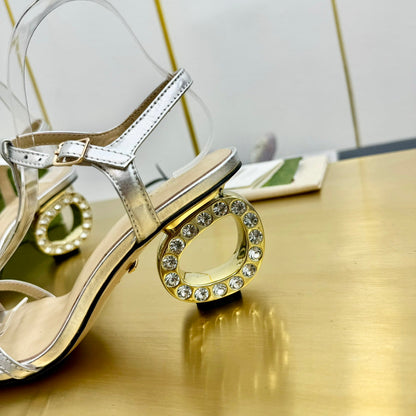 GUCCI MEDIUM-HEEL SANDAL IN SILVER CALFSKIN GOLD HARDWARE WITH RHINSTONES